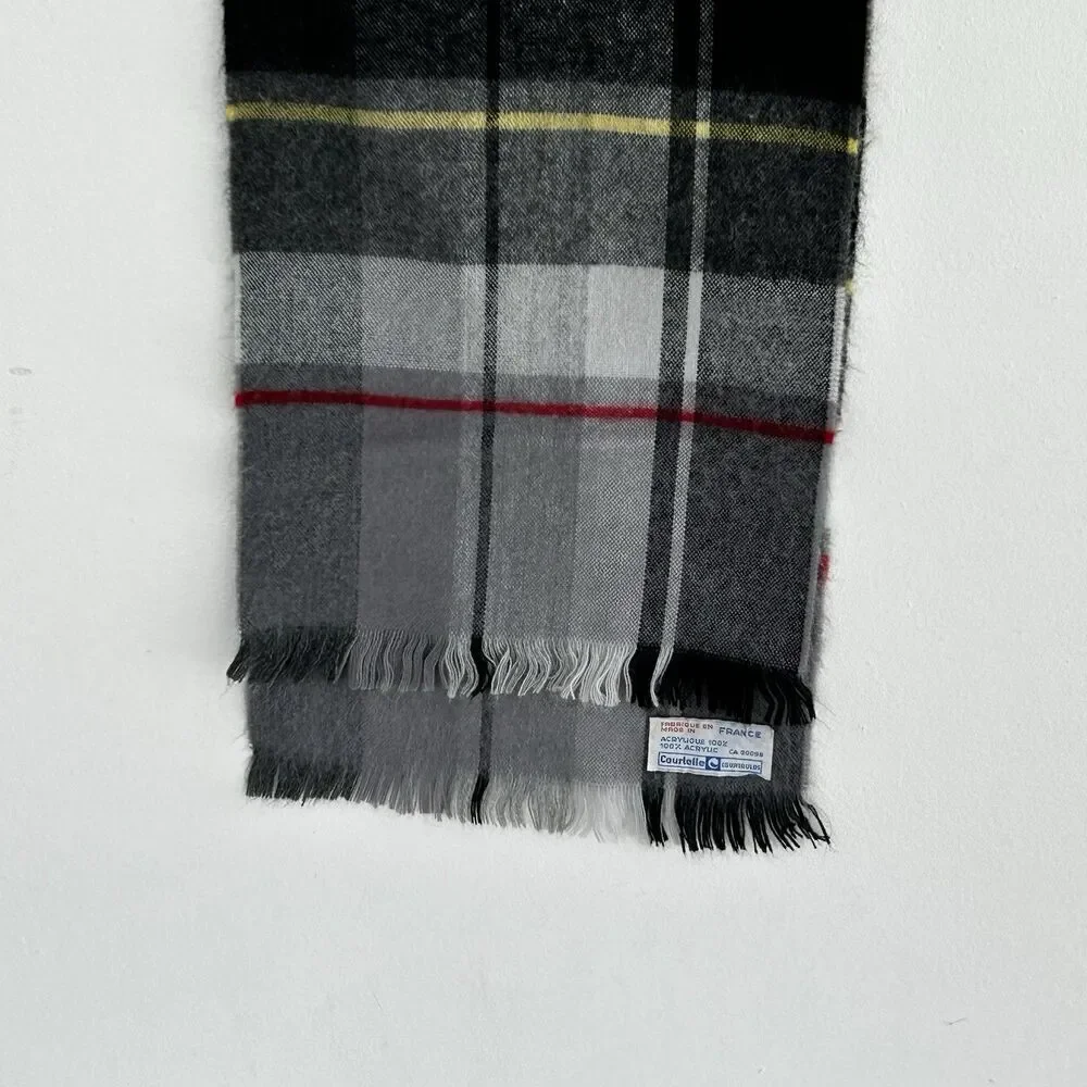 Vintage Courtelle Plaid Scarf Made in France Grey Fringed Courtaulds Preppy